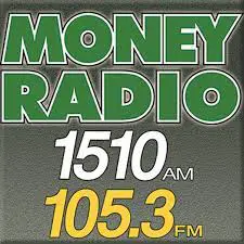 A radio station logo with the words " money radio 1 5 1 0 am 1 0 5. 3 fm ".
